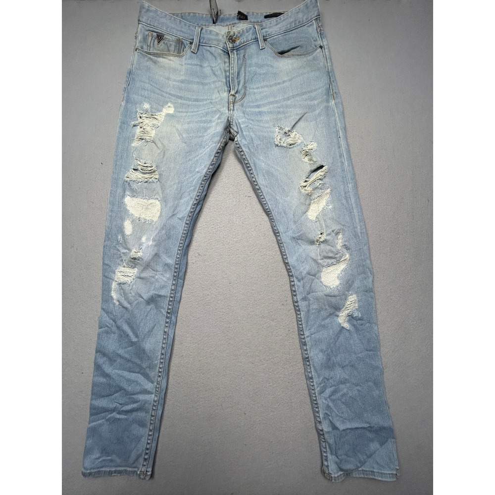 GUESS Slim Straight Distressed Denim Jeans Light Wash 33x31 Mens
